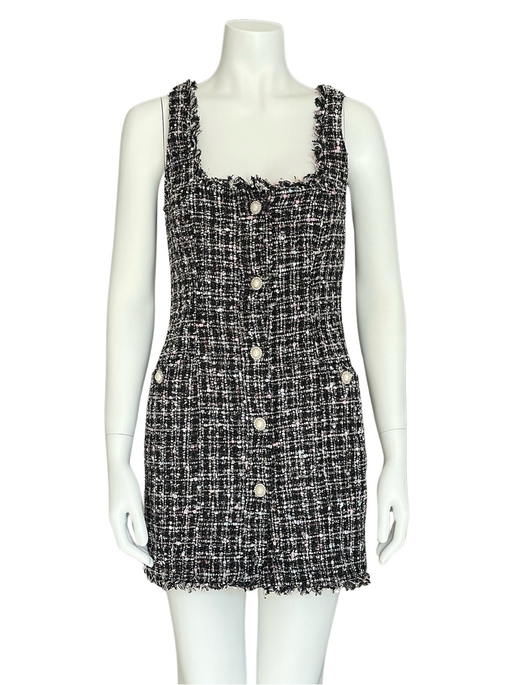 MAJORELLE BLACK/PINK BIA‎ TWEED MINI DRESS Women’s SIZE XS Revolve Chanel Pearl